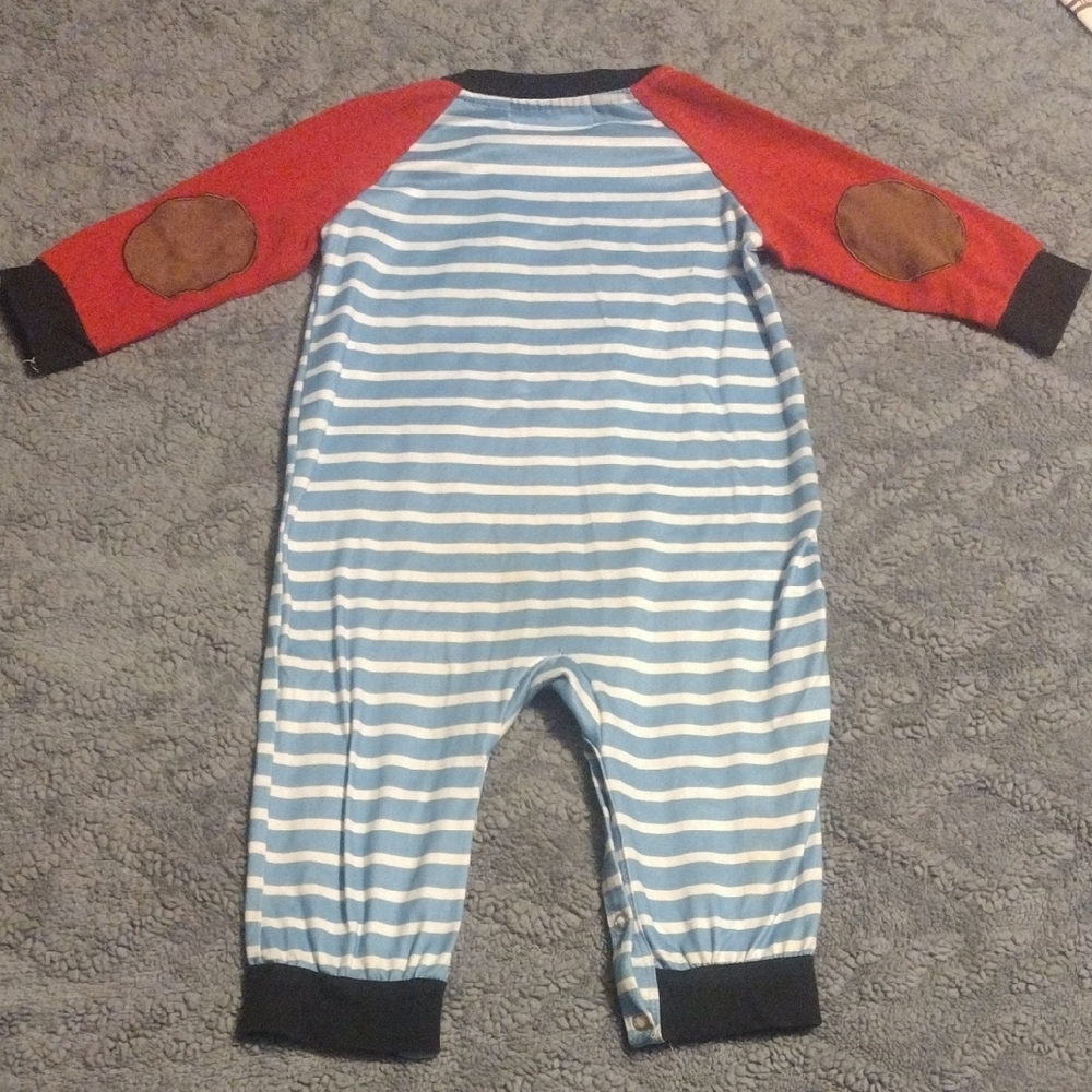 Striped Blue & White Caravan Appliqué Footie with Red Raglan Sleeves - Picture 7 of 10